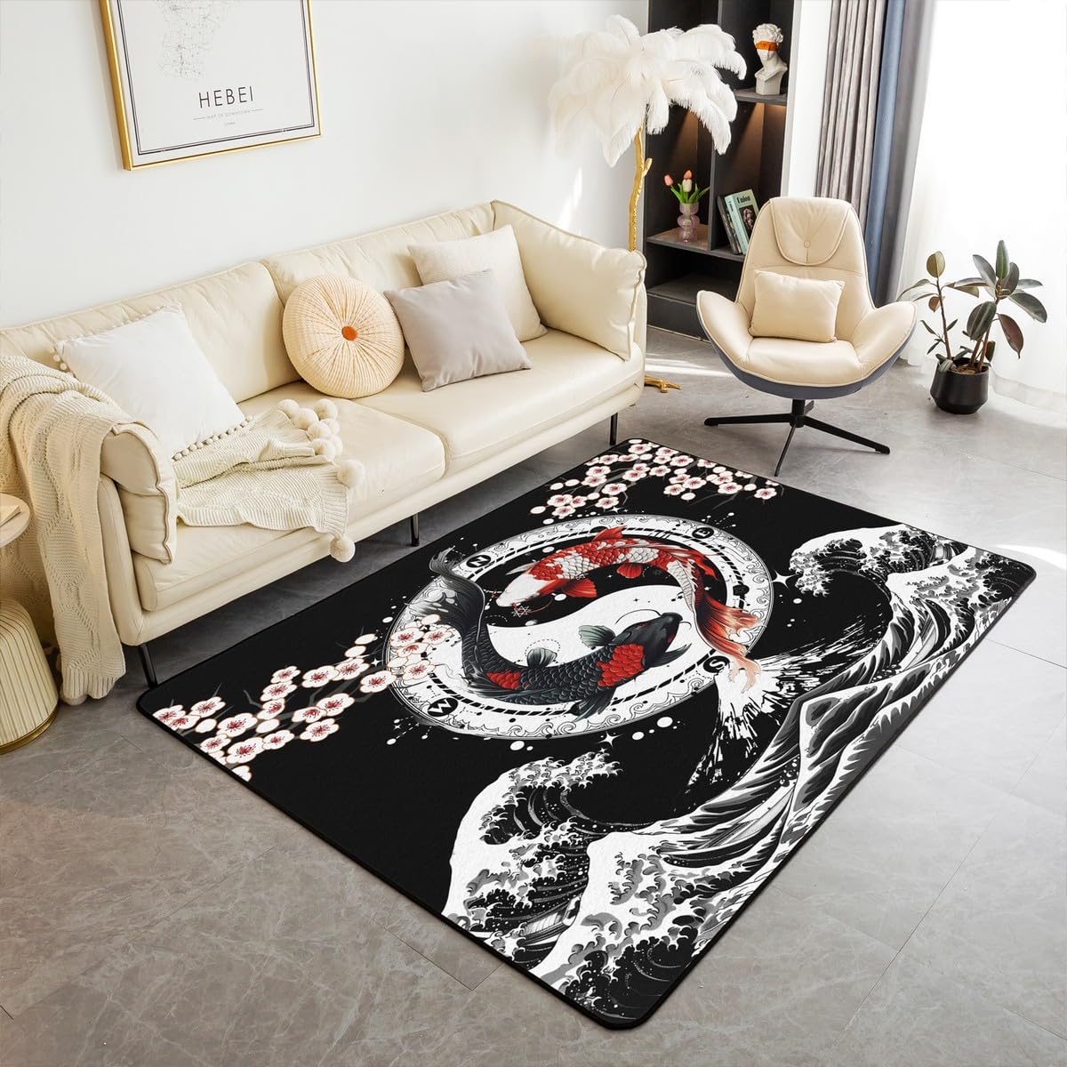 Feelyou Japanese Koi Fish Area Rug 5x7 Kids Japanese Wave Decorative Rug for Boys Girls Teens Cherry Blossoms Home Decor Living Room Rugs