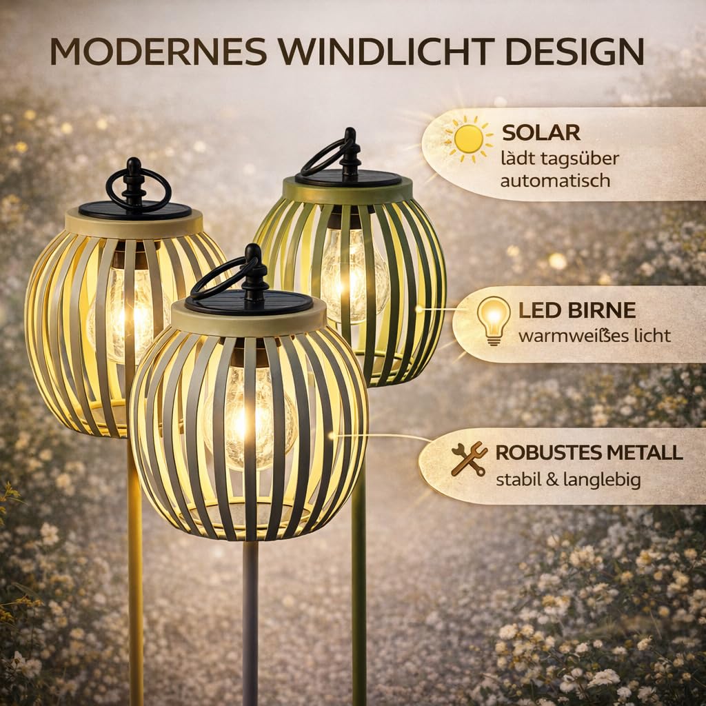 formano 3er Set Solar Gartenstecker Windlicht Solarleuchten mit LED-Birne & Dämmerungssensor Metall Gartenbeleuchtung IP44 für Garten Beet & Terrasse dekorative Solar Lampen Höhe 85 cm Ø16 cm