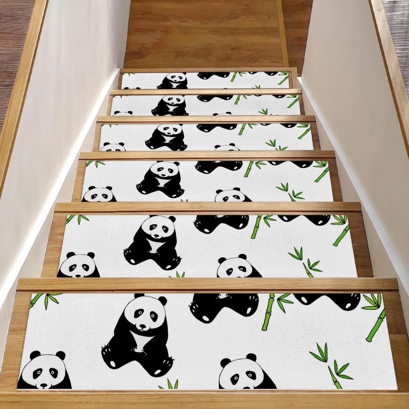 Alfombra antideslizante para peldaños de madera con osos panda, pack de 15 alfombrillas lavables