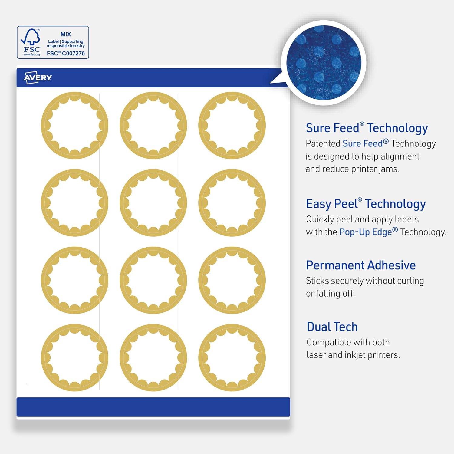 Avery Printable Round Labels, Sure Feed Technology, Gold Dots Edge Design, 2" Diameter, Glossy White, Permanent Adhesive, Laser/Inkjet, 120 Total, Great for Product Merchandising