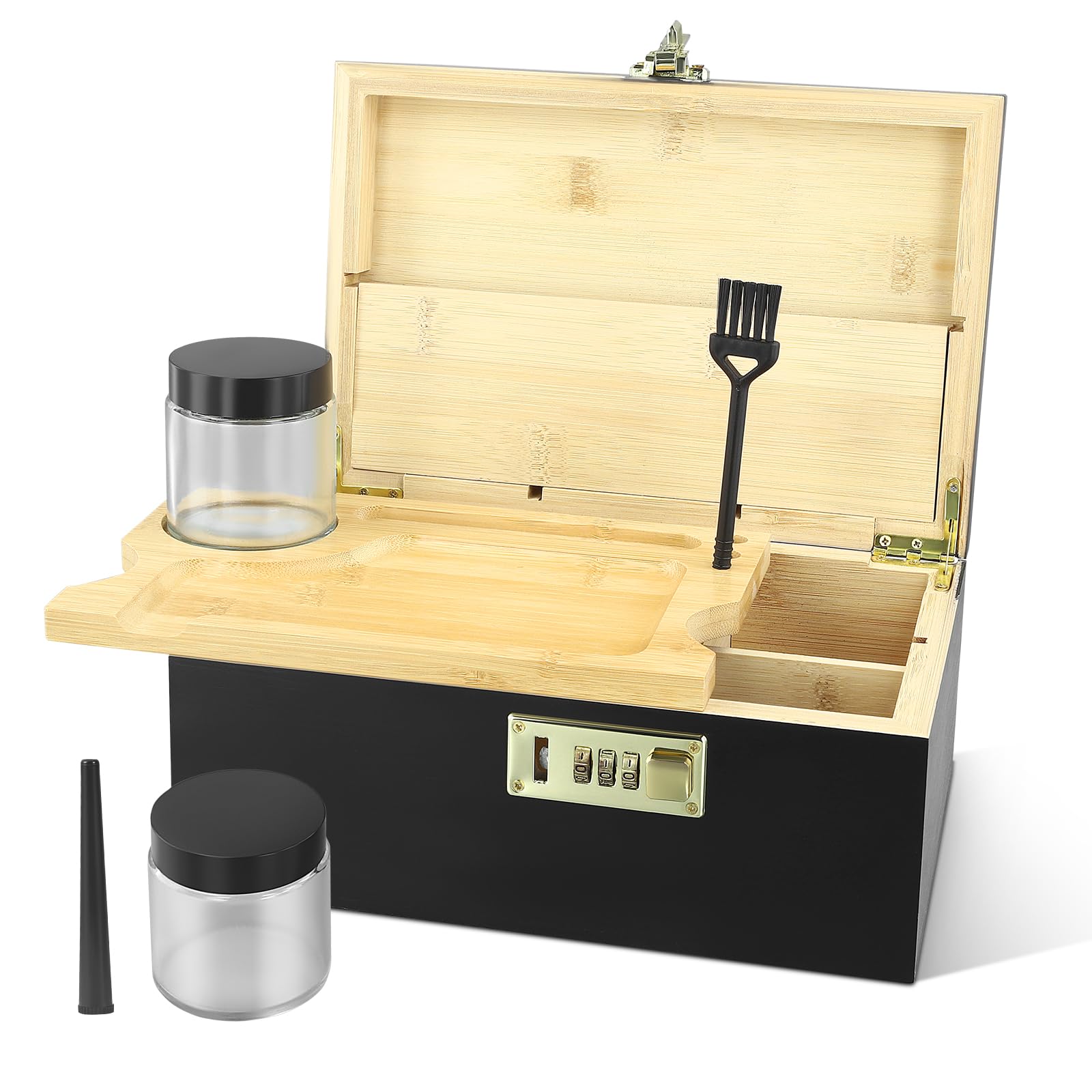 Caja De Almacenamiento De Bambú Con Candado De Combinación – Incluye 2 Frascos De Vidrio, Cepillo Y Tubo (25x17x11 Cm)