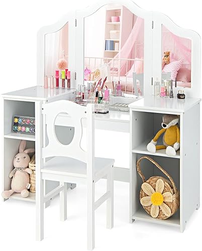 Miniatura 19 de INFANS Vanity - Juego de escritorio y silla de maquillaje de princesa 2 en 1 con espejo desmontable de tres pliegues, estantes de almacenamiento