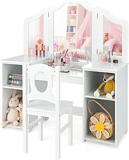 INFANS Kids Vanity, 2 in 1 Princess Makeup Desk & Chair Set with Tri-Folding Detachable Mirror, Large Storage Shelves, Wooden Dressing Table, Pretend Play Vanity Set for Girls