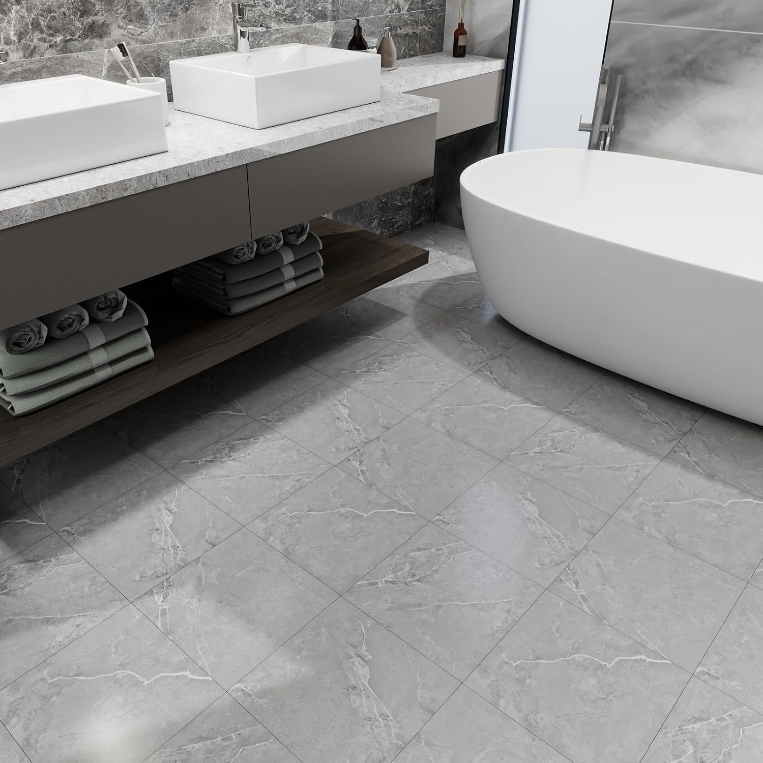 Peel and Stick Floor Tiles 10-Pack,Grey Marble Pattern Flooring,12"x12" Self Adhesive Waterproof Vinyl Flooring DIY for Kitchen Bathroom Dining Room Bedroom Living Room Laundry,Cover 10 Sq.Ft