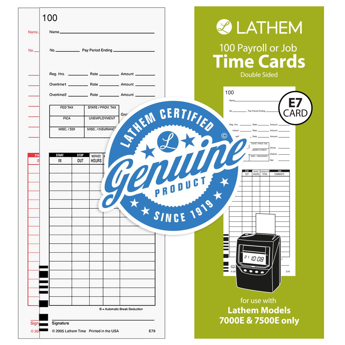 Lathem Universal Payroll/Job Time Cards, Double-Sided, for Lathem 7000E / 7500E Time Clocks, 100 Pack, E79-100