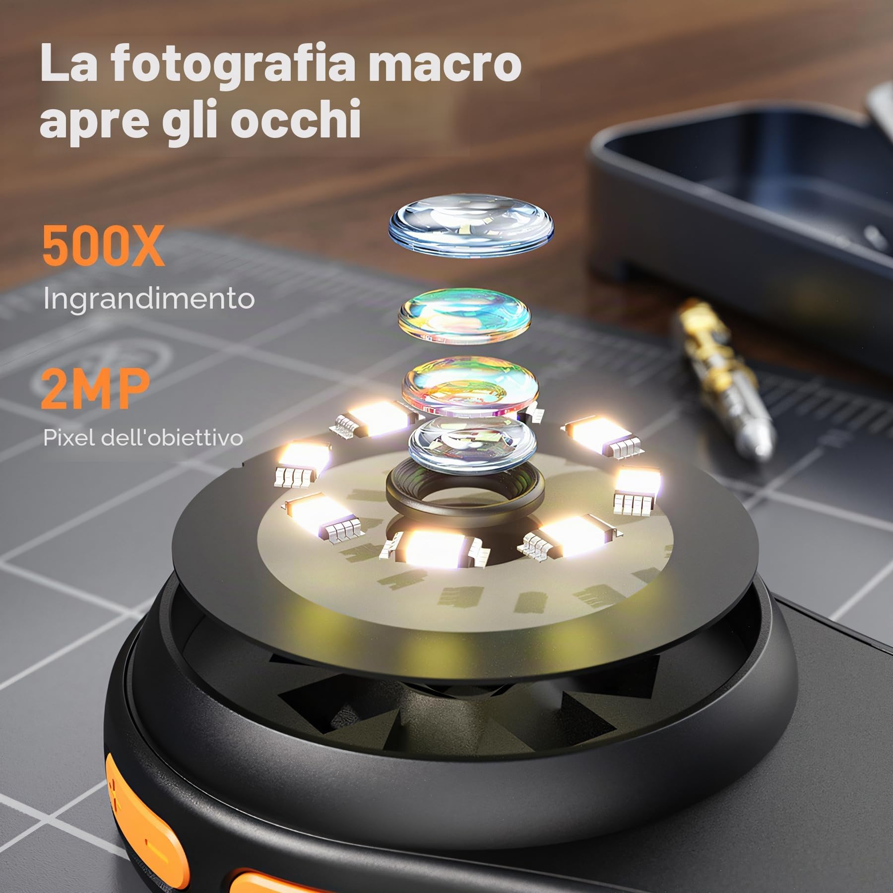 Microscopio portatile 200X per adulti/bambini, mini microscopio tascabile con schermo IPS da 2,0'' con 8 LED regolabili, microscopio digitale ricaricabile, vista PC compatibile con Windows - Nero