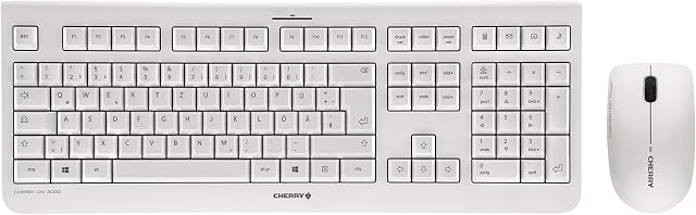 CHERRY DW 3000, bezprzewodowa klawiatura i mysz, układ niemiecki, klawiatura QWERTZ, na baterie, aprobata GS, ciche naciśnięcia klawiszy, biało-szary