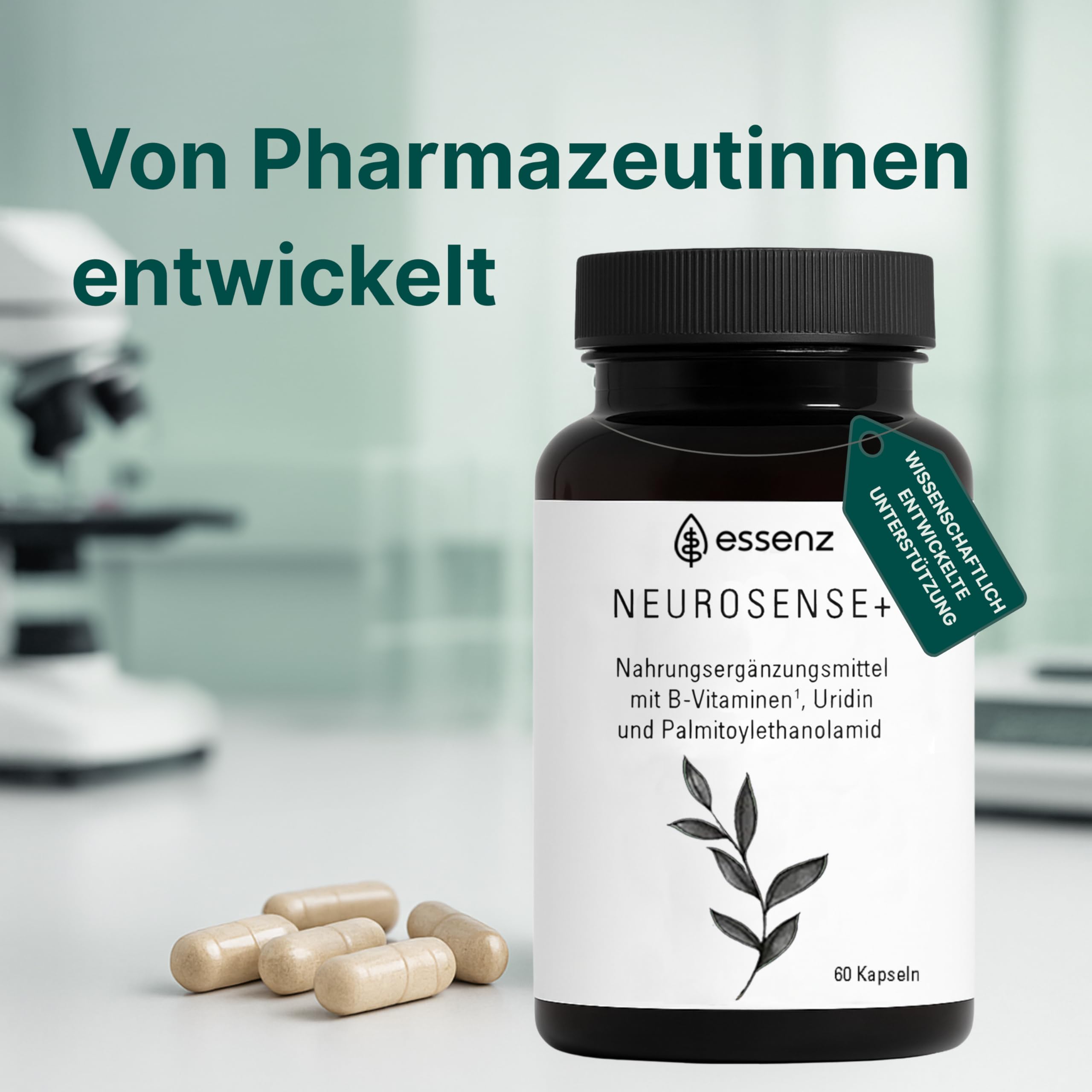 ESSENZ - Neurosense+ 60 Kapseln - Zur Unterstützung der normalen Zell- und Nervenfunktion. Natürliche Kapseln mit Folsäure sowie Vitamine B6 & B12. Made in Germany