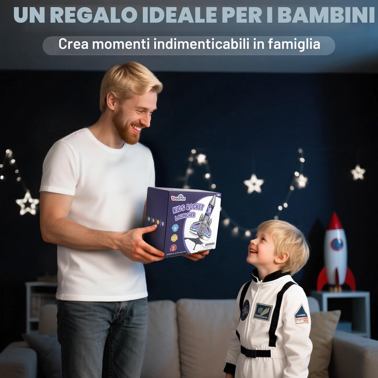 Dreamon Razzo Spaziale Giocattolo, Razzi Gioco Bambino con Paracadute Luce LED, Ricaricabile Auto-Lancio Esterno Razzo Regalo per Bambini 3 4 5 6 7 8 9 10 Anni