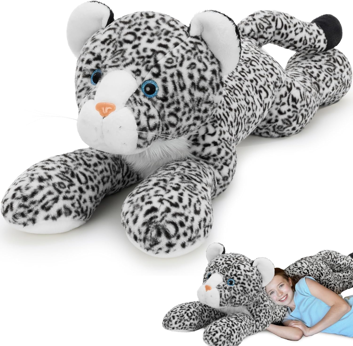 MorisMos Giant Snow Leopard Stuffed Animal Plush Pillow 4ft, 47" Extra Large Stuffed Cheetah Pillow for Kids & Adults,Realistic Snow Leopard Plush for Christmas Birthday Gift Safari/Jungle Party Decor