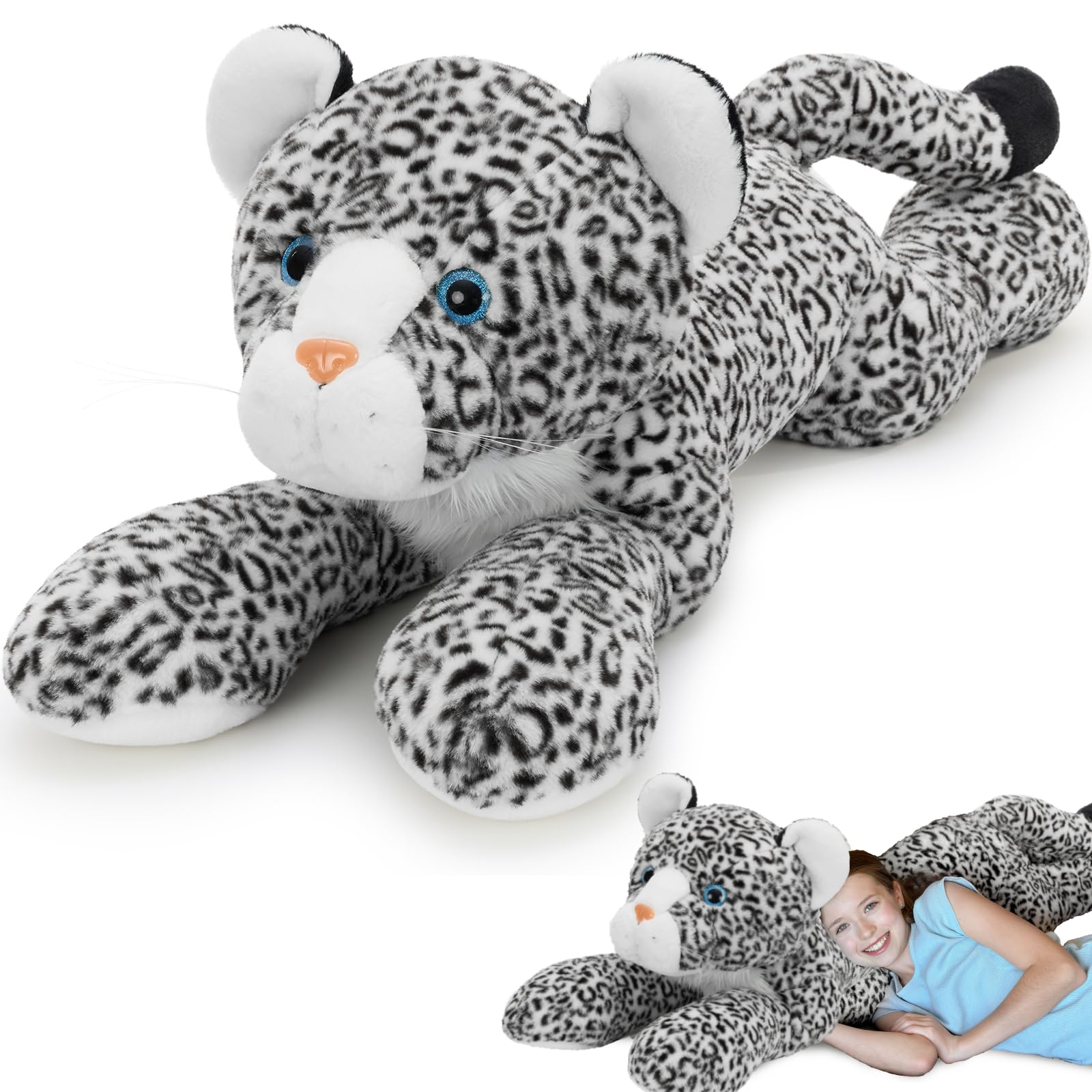 MorisMos Giant Snow Leopard Stuffed Animal Plush Pillow 4ft, 47" Extra Large Stuffed Cheetah Pillow for Kids &amp; Adults,Realistic Snow Leopard Plush for Christmas Birthday Gift Safari/Jungle Party Decor