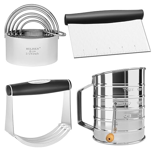 HULISEN Pastry Cutter, Dough Blender, 3 Cup Flour Sifter and Biscuit Cutter, Stainless Steel Dough Cutter, Professional Baking Dough Tools for Cooking Cookies and Donuts(4 Pcs/Set) - 4 Pcs Pastry Cutter Set of 3 Cup Flour Sifter