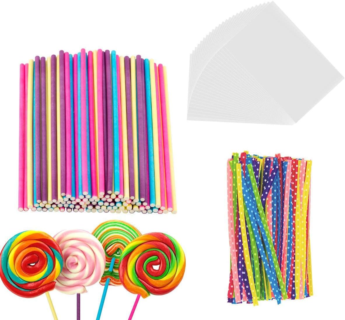 BEFORYOU 6 Inch Cake Pop Sticks Set Pack of 300, Each of 100 Pieces Parcel Bags, Colorful Treat Sticks, Colorful Metallic Wire for Lollipops Candies Chocolates and Cookies