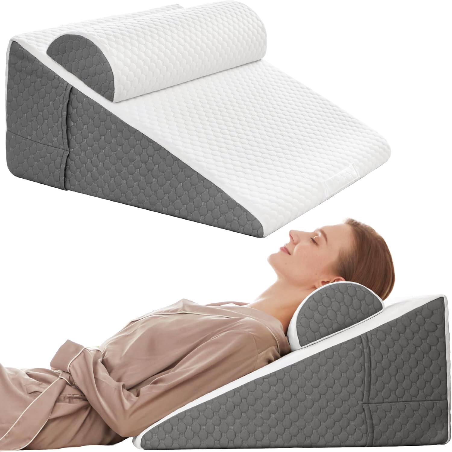 12" Bed Wedge Pillow for Sleeping with Headrest, Wedge Pillow Set for After Surgery Acid Reflux Back Pain Relief, Snoring & Gerd Memory Foam Triangle Incline Headboard Wedge Pillows White - 12" Height Wedge Pillows With Headrest