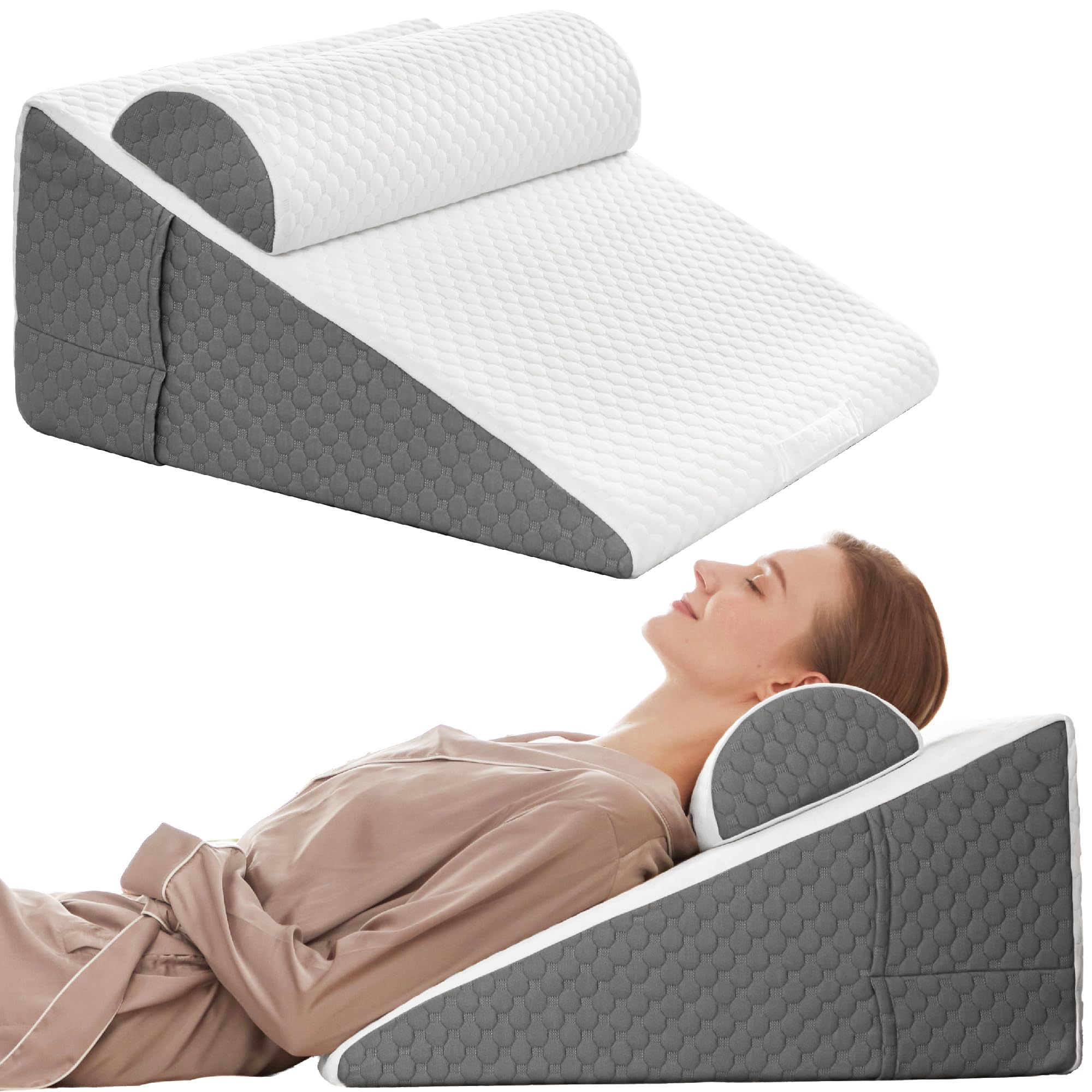 Simpledad 12" Bed Wedge Pillow for Sleeping with Headrest, Wedge Pillow Set for After Surgery, Acid Reflux, Back Pain Relief, Snoring &amp; GERD, Memory Foam Triangle Incline Headboard Wedge Pillows