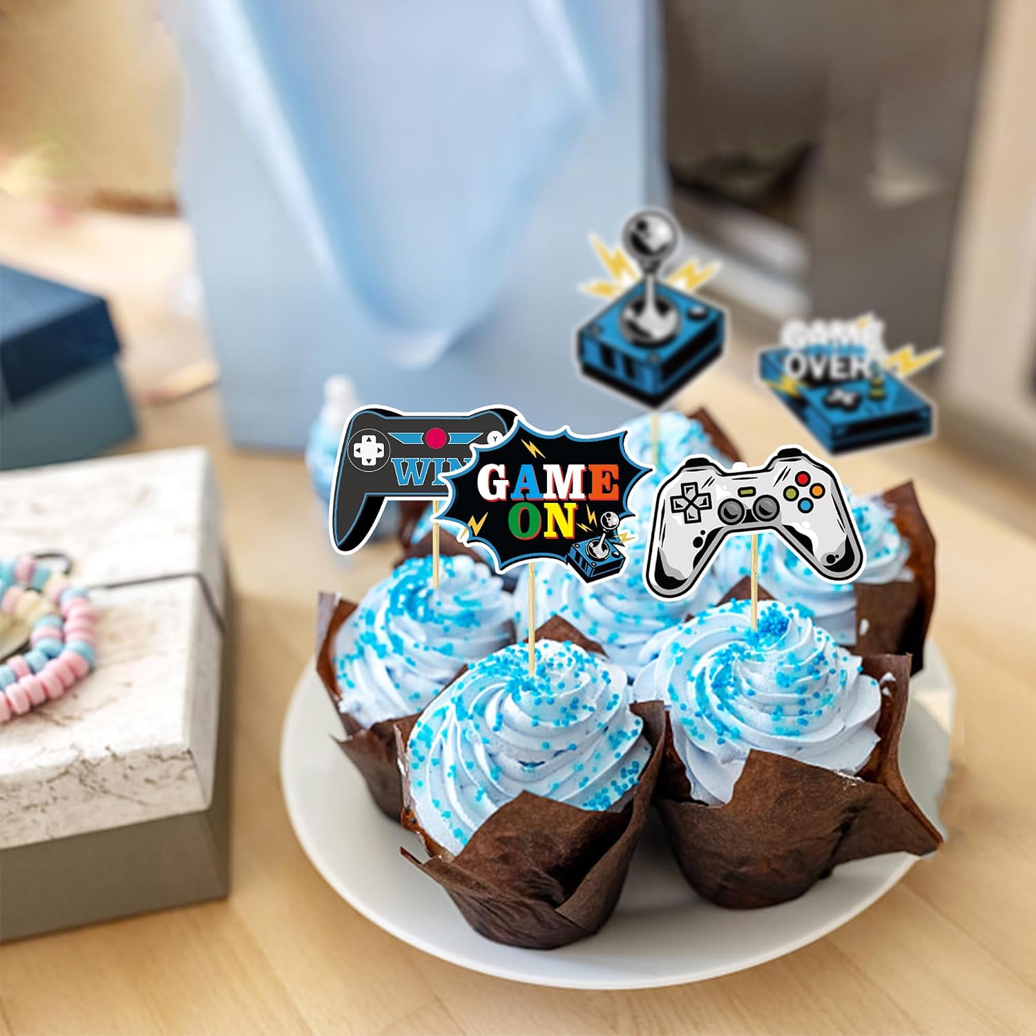 36 PCS Video Game Cupcake Toppers Assembled Game On Controllers Cupcake Picks Gamepad Birthday Party Theme Baby Shower Supplies Decoration Supplies Blue image 4