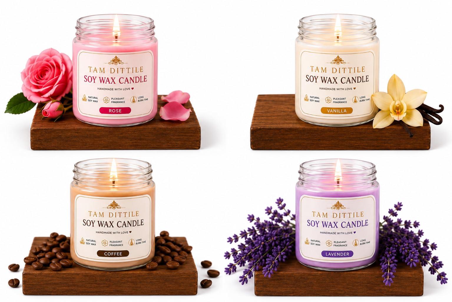 TAM DITTILE Soy Wax Scented Candle Gift Set – Rose, Lavender, Vanilla & Coffee Aromatherapy Candles in Glass Jar with Lid – Natural Soy Candle for Home Decor, Relaxation, Spa & Meditation (4, 5×4)-image-22