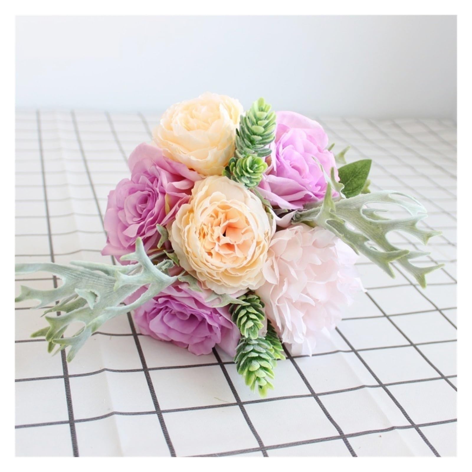 Kunstblumen Rosen-Simulationsstrauß, Brautjungfern-Hochzeitsstrauß, künstliche Seidenblume, Pfingstrose, Geweih, Farn, saftiges Laub, Blaue Hochzeitsblume Blumen Fake (Color : Purple)