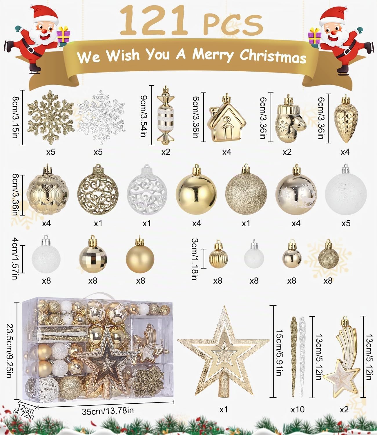 121 Pezzi Palline Albero di Natale Set in Oro e Bianche, Decorazioni Albero di Natale Plastica Infrangibili, Addobbi Natalizi con Ciondolo, Decorazioni Natalizie per Uso Interno ed Esterno - Ø3/4/6 cm