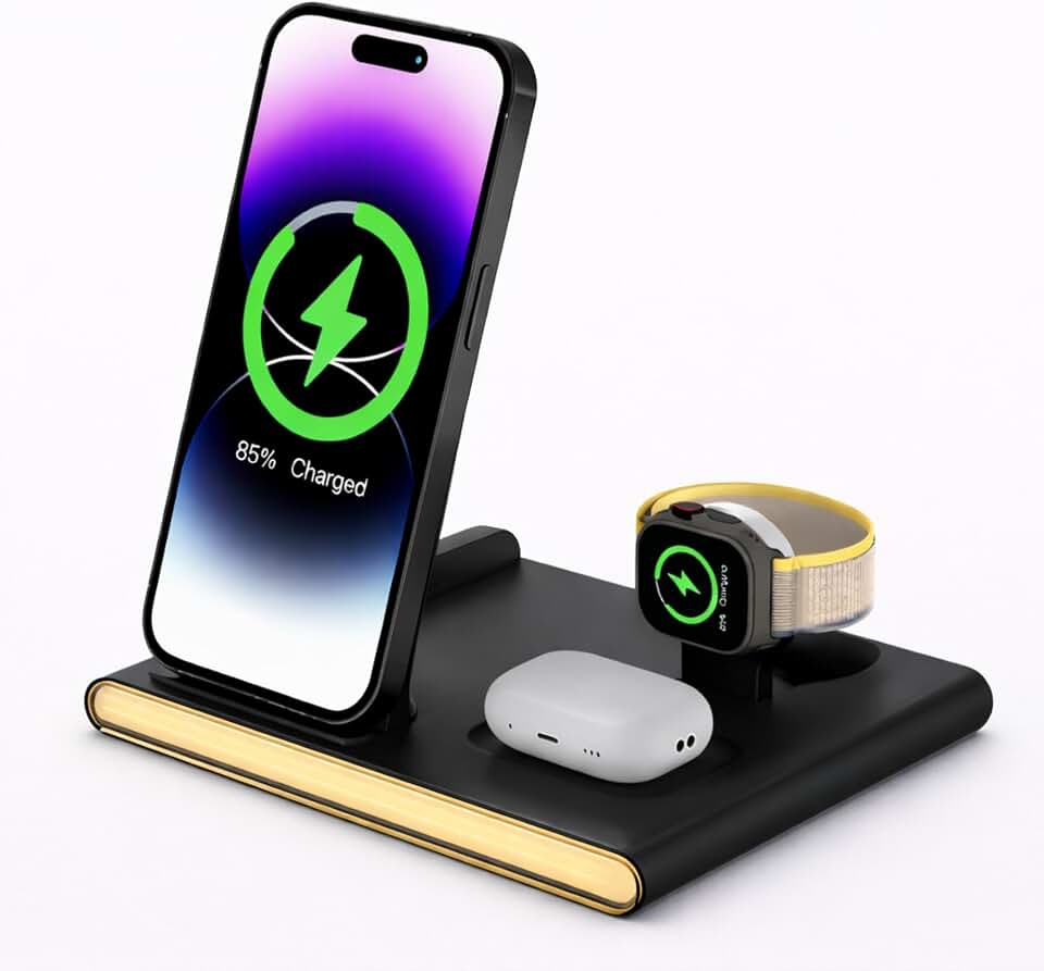 Carregador Sem Fio 3 em 1 Magnético, Estação de Carregamento Portátil com Luz Noturna, Dobrável e Compatível com iPhone 16/15/14/13/12 Apple Watch e AirPods (Preto)