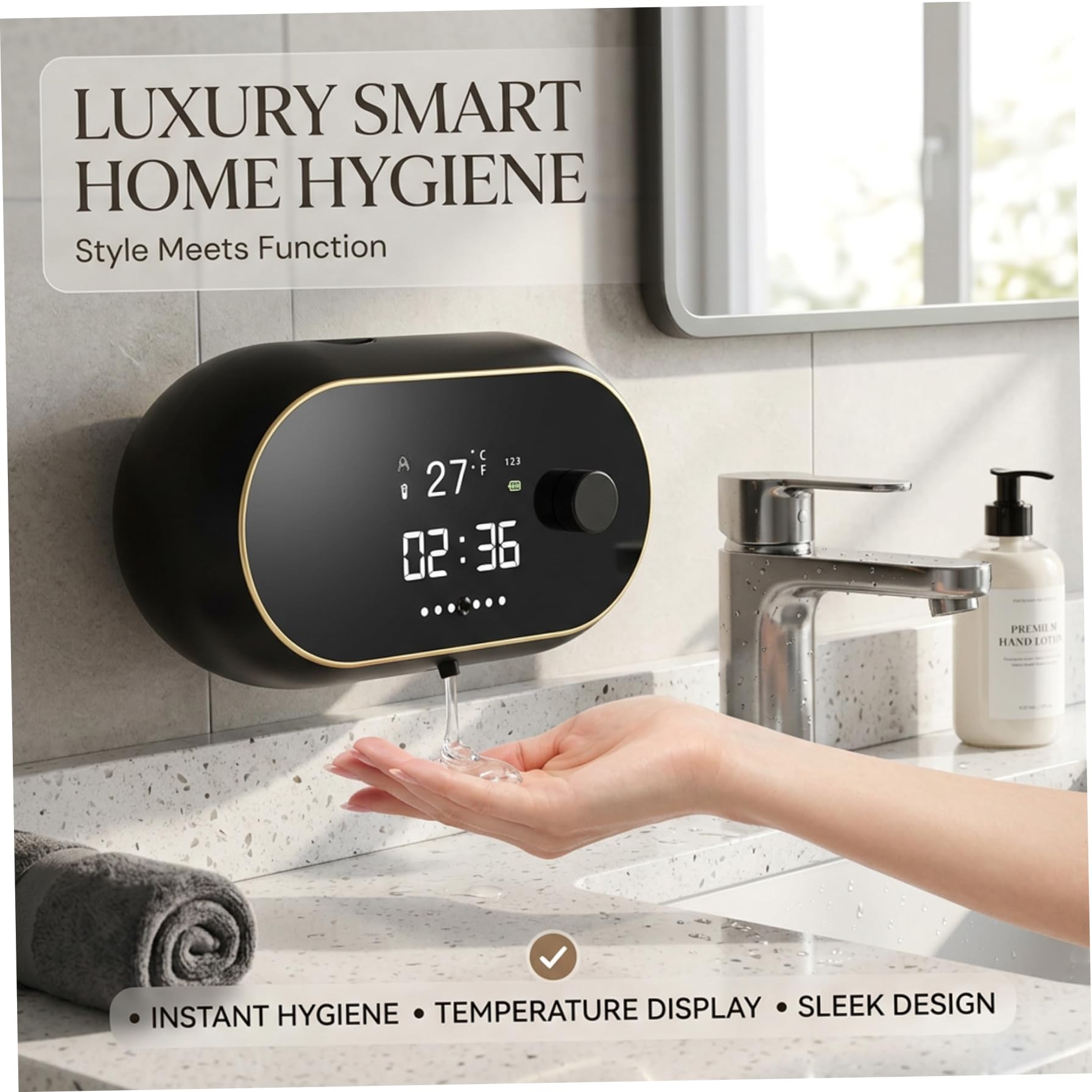 Dispenser di Sapone Automatico da Parete, Dispenser di Sapone Ricaricabile a Mani libere con Display a LED e Orologio per Cucina e Bagno, Nero