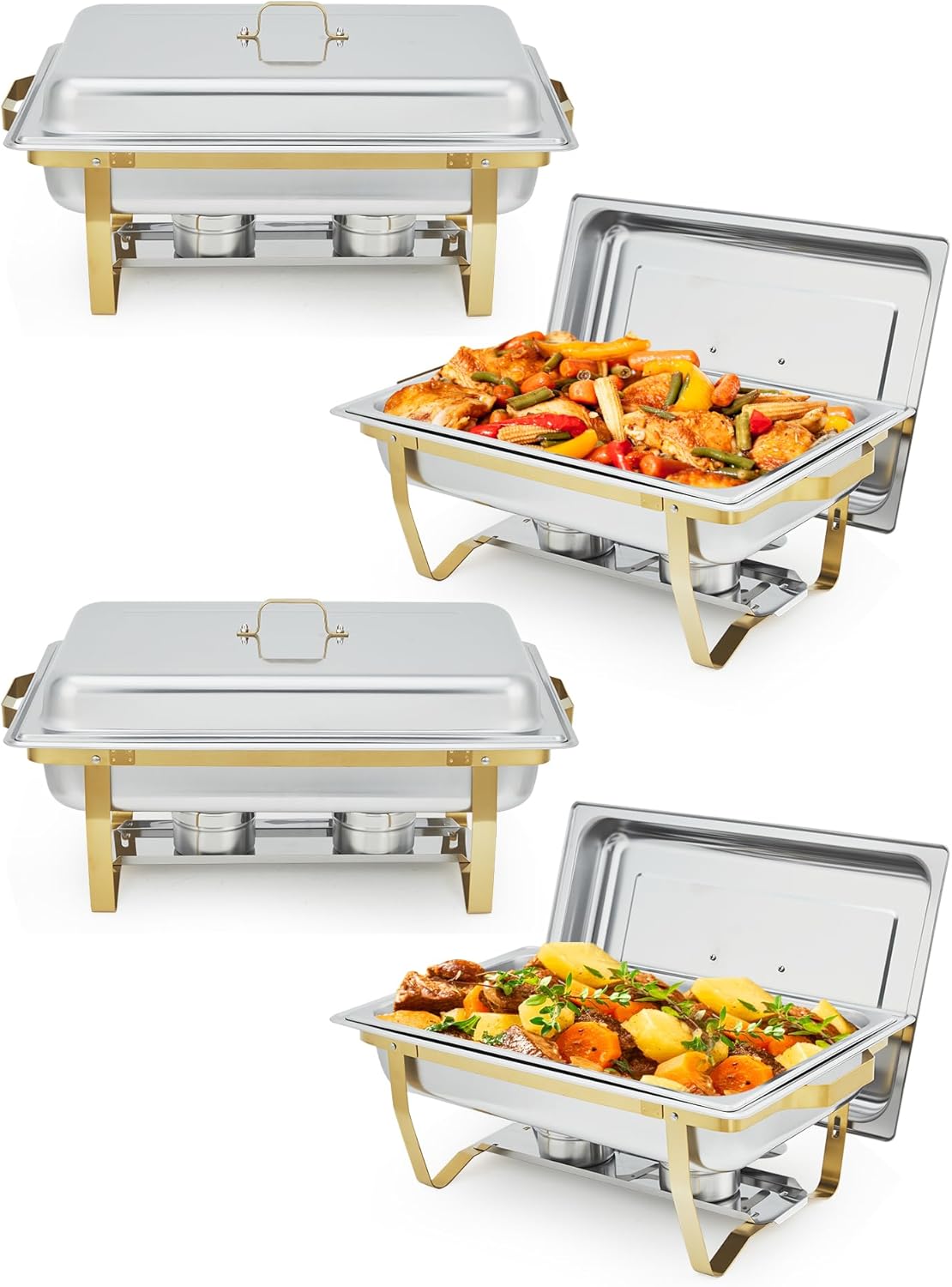 4-Pack Half Gold Trim Stainless Steel Rectangular Chafing Dishes, Single Compartment Buffet Food Warmers Set, Full-Service Catering Servers for Wedding Receptions, Home Dinner Parties