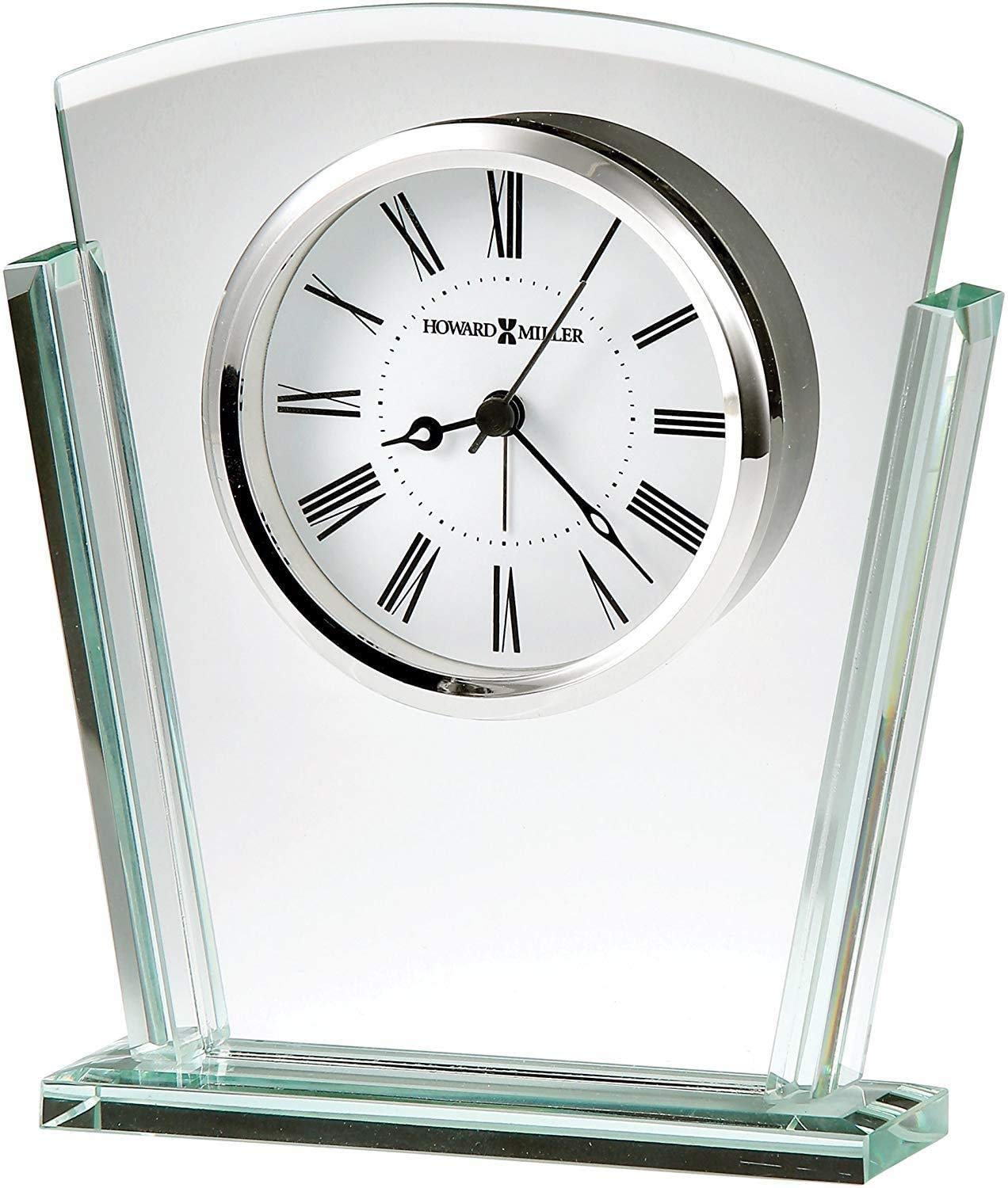 Howard MillerGranby Table Clock 645-781 – Jade Glass, Curved Top & Tapered Sides, Beveled Base, Black & Silver Accents, Modern Home Decor, Quartz Alarm Movement