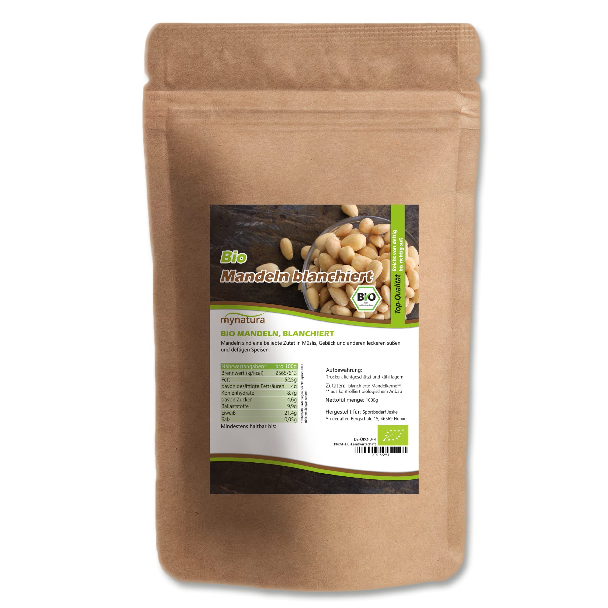 Mynatura Bio Mandeln blanchiert naturbelassen I Mandelkerne I Müsli geeignet I Snack I Schonend verarbeitet I Rohkostqulität (2 x 1000g)