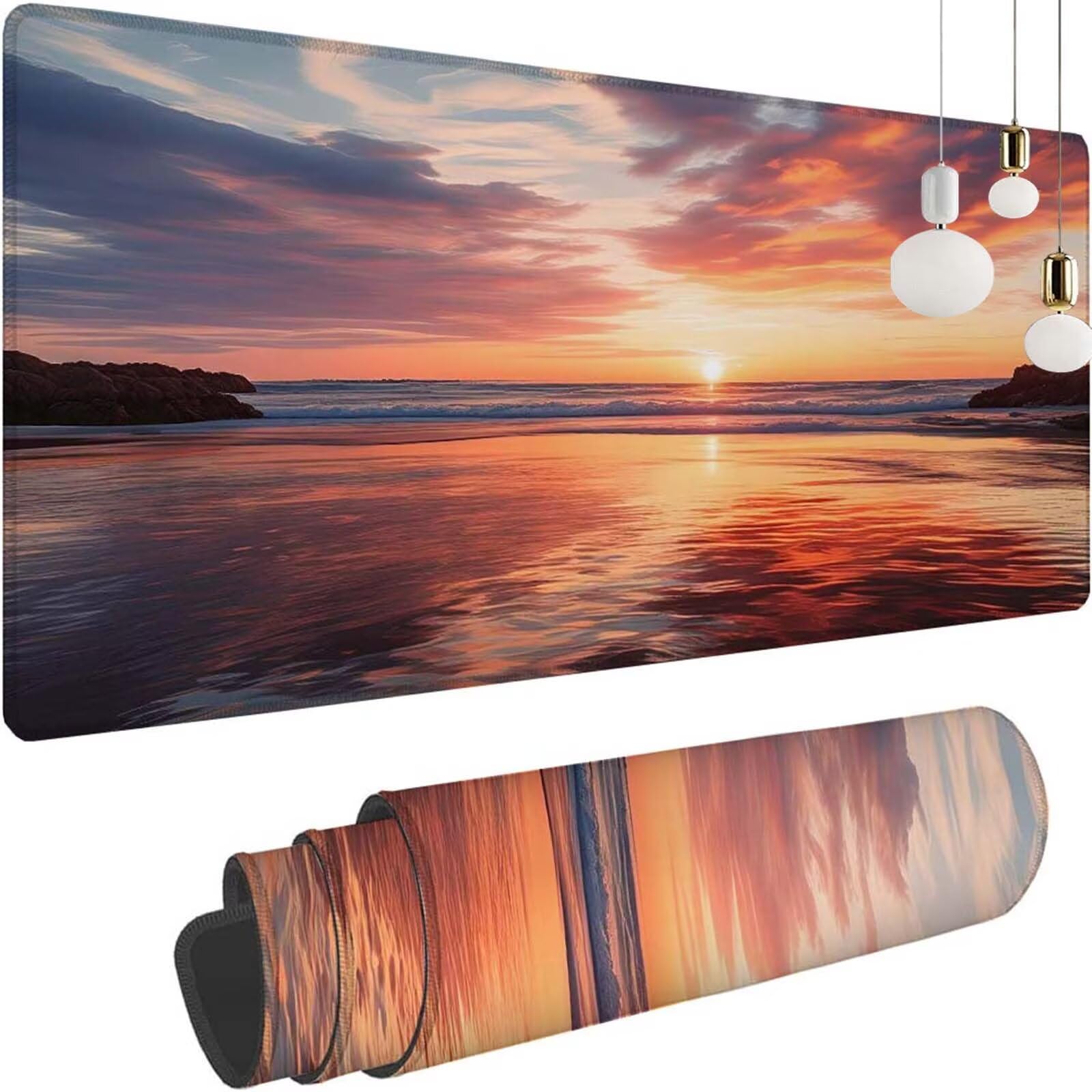 Alfombrilla Ratón Atardecer Océano Alfombrilla Ratón XXL 1400x600x3mm Mouse Pad Resiste Salpicaduras, Extendida de Gran Tamaño con Bordes Cosidos, Mejora la Precisión y la Velocidad, Duradera y-305