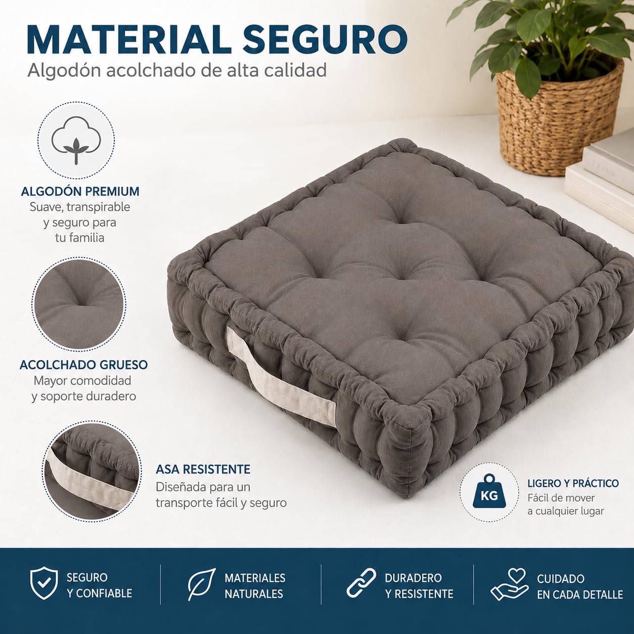TIENDA EURASIA – Cojines Sillas Terraza | Material Algodón Acolchado | con Asa Resistente | Medidas 45x45x10 cm | Forma Cuadrado | para Asiento en el Suelo, Sillas o Palets (Gris Pardo)