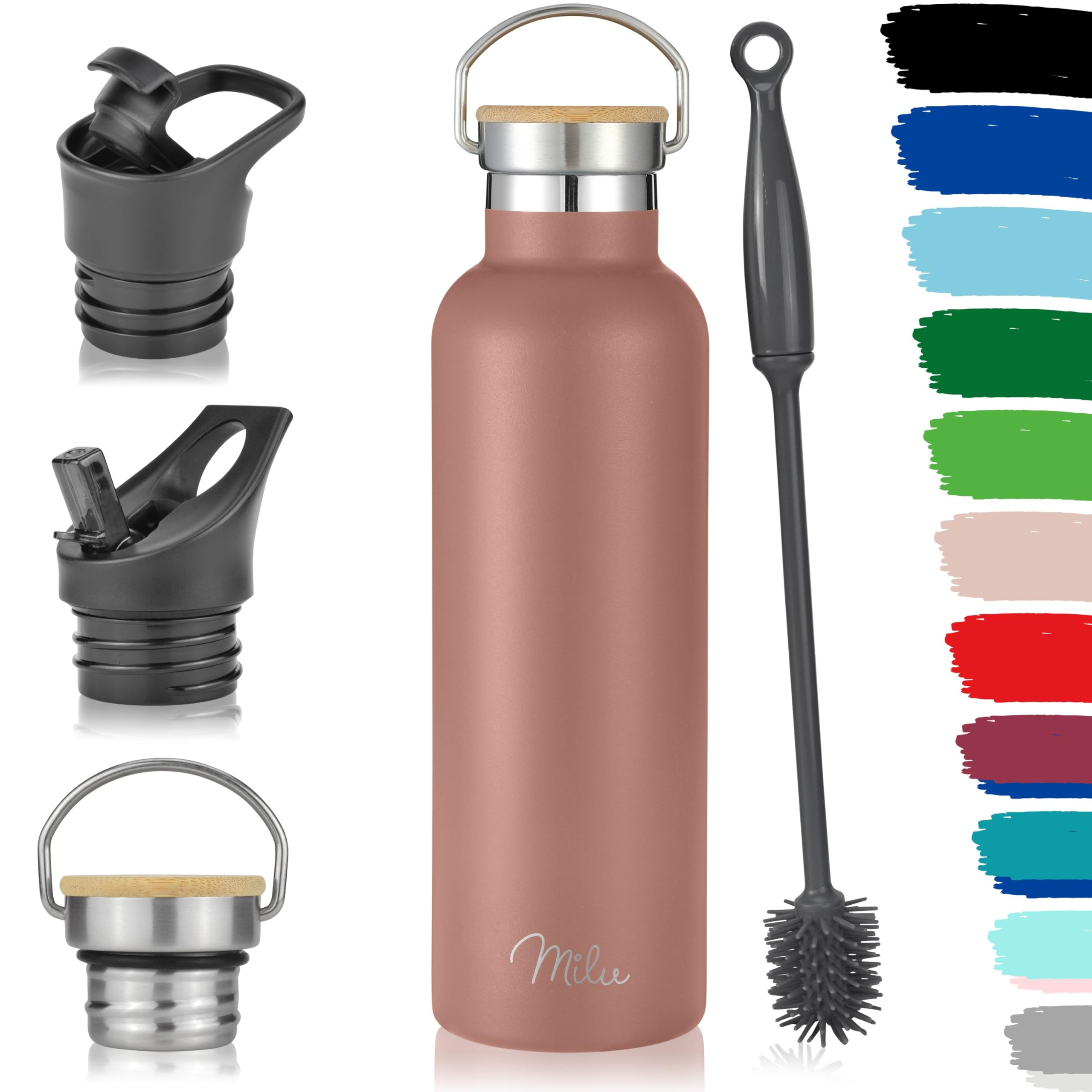 Milu Rose Gold Stainless Steel Drinking Bottle 350Ml, 500Ml, 750Ml, 1L (+3 Lids) - Thermo Bottle With Straw, Water Bottle, For Hot, Cold & Carbonated Drinks (, 750Ml)