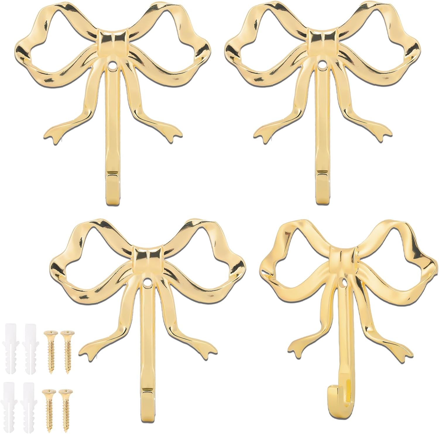Gold Bow Wall Hook, Decorative Wall Hooks Multi Purpose Gold Metal Bow Knot Hooks for Living Room Bathroom Wardrobe Christmas Decor (4 Set L Size)