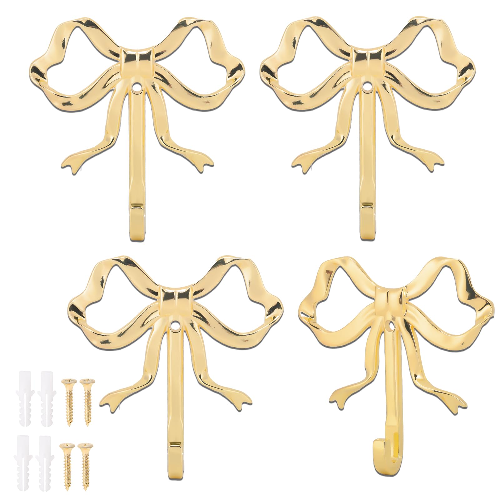 4PCS Large Bow Wall Hooks, Gold Bow Knot Coat Hooks, Decorative Wall Hooks
