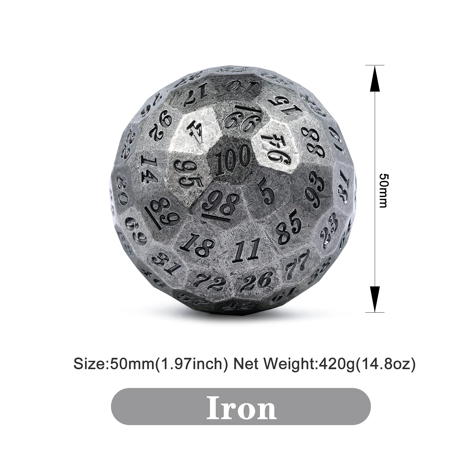 DNDND Iron D100 Lot de dés en métal 50 mm 100 faces avec étui en métal et pochette en velours pour jeu de table Dungeons et Dragons (fer avec numéro noir)