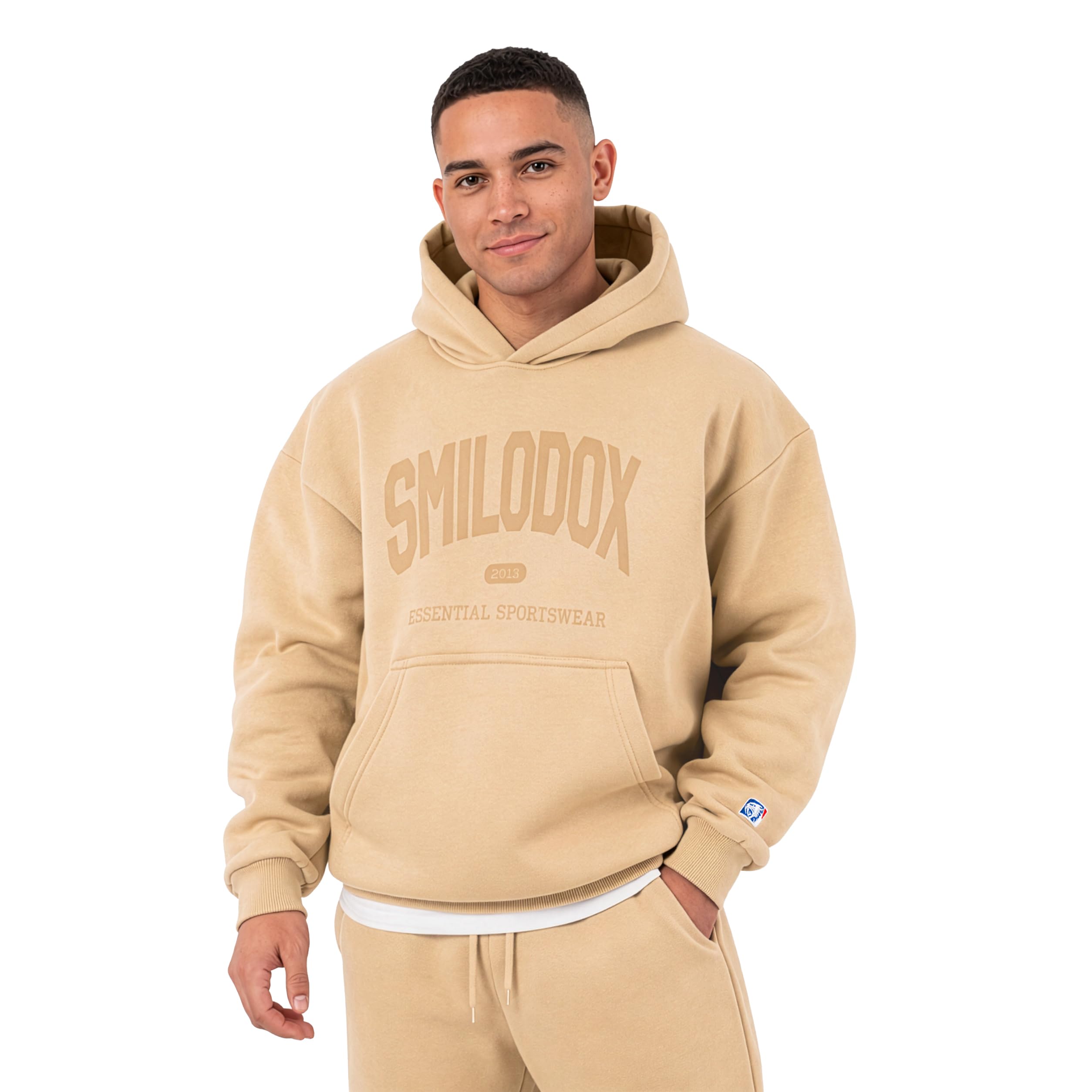 SMILODOX Hoodie Herren Oswin, Oversized Fit Kapuzenpullover mit Frontprint & gesticktem Patch, Tunnelzug-Kapuze, Sweater mit Kängurutasche, Rippbündchen, weiches Sweatmaterial, lässiger Look
