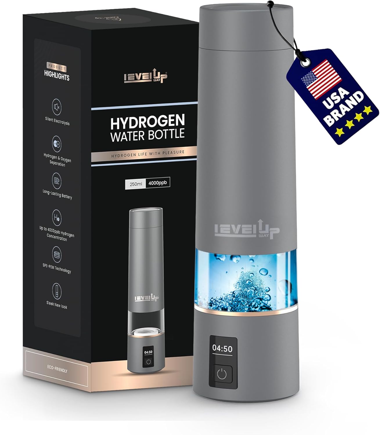 LevelUpWay – 2026 Hydrogen Water Bottle – Advanced SPE/PEM Technology – Generates Up to 5000 PPB – 250ml – Portable Hydrogen-Enriched Water Bottle with Breathing Adapter