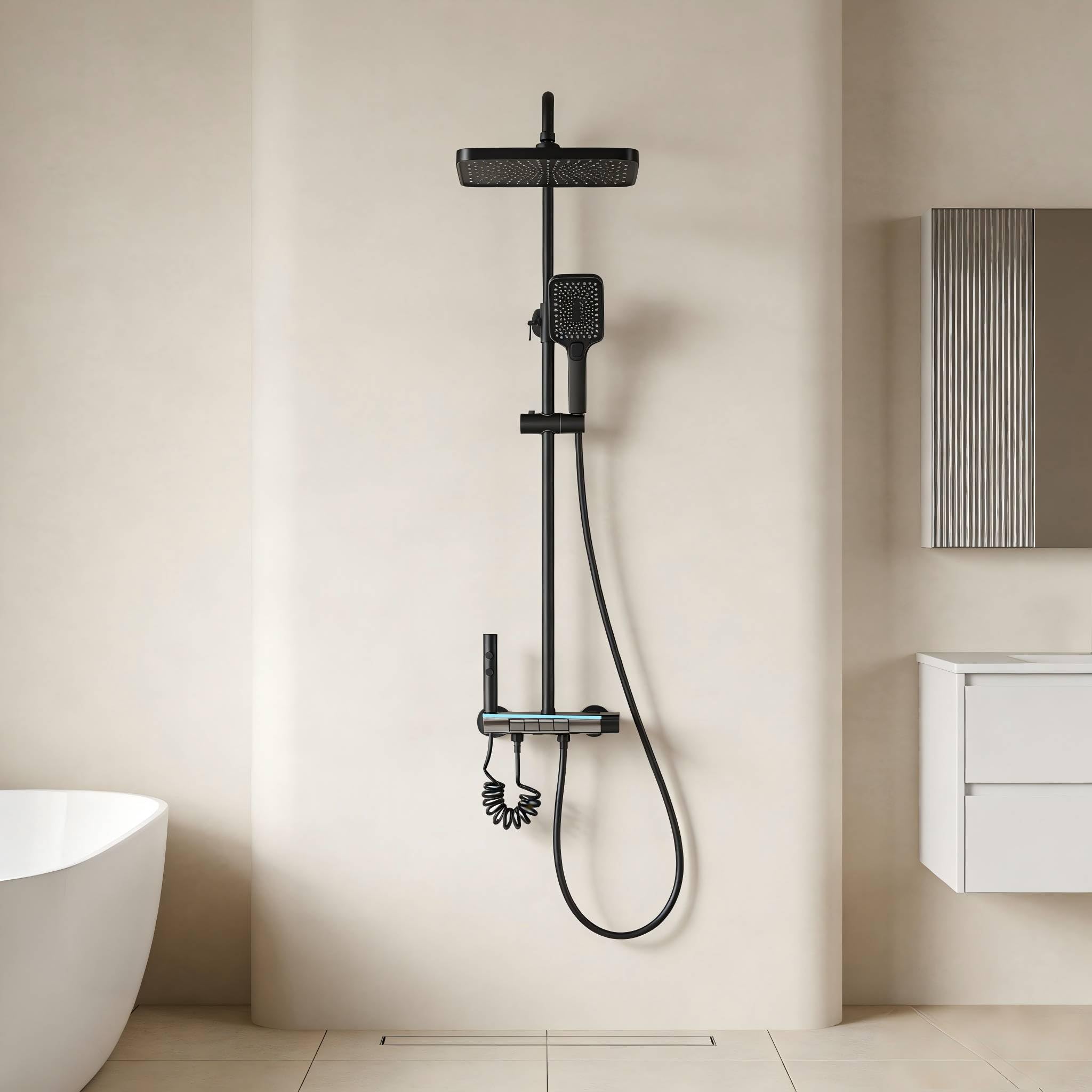 Colonne de Douche Titane avec Tête Carrée DEWINNER,Colonne de Douche 4 Modes et Hauteur Réglable75-110CM, Affichage LED,Tête de Douche, Jet, Robinet et Pommeau de Douche (Noir)