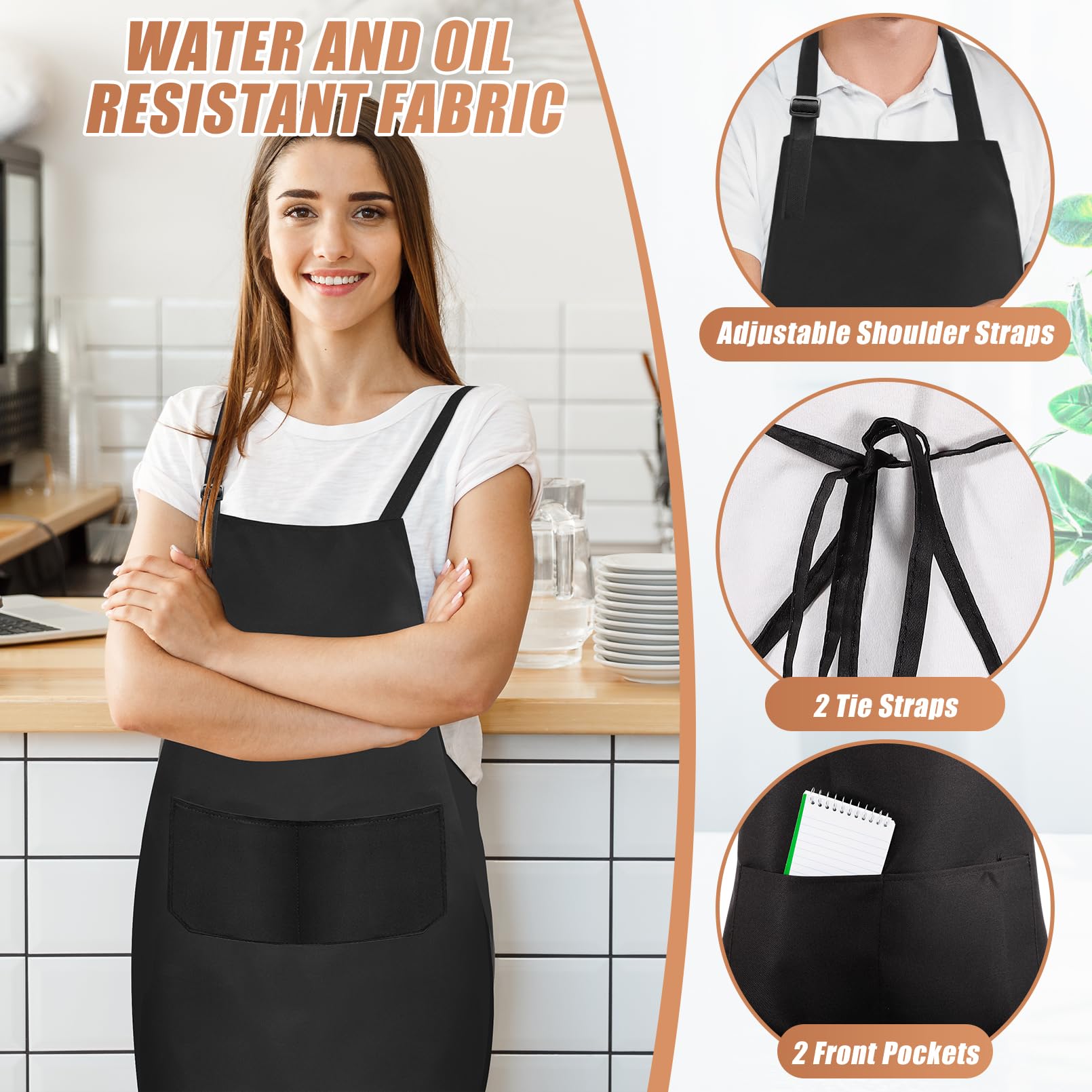 24 grembiuli unisex, in tinta unita, con 2 tasche, regolabili, per adulti, cucina, barbecue, grigliate, forno, lavabili in lavatrice, nero, 60,5 x 71 cm