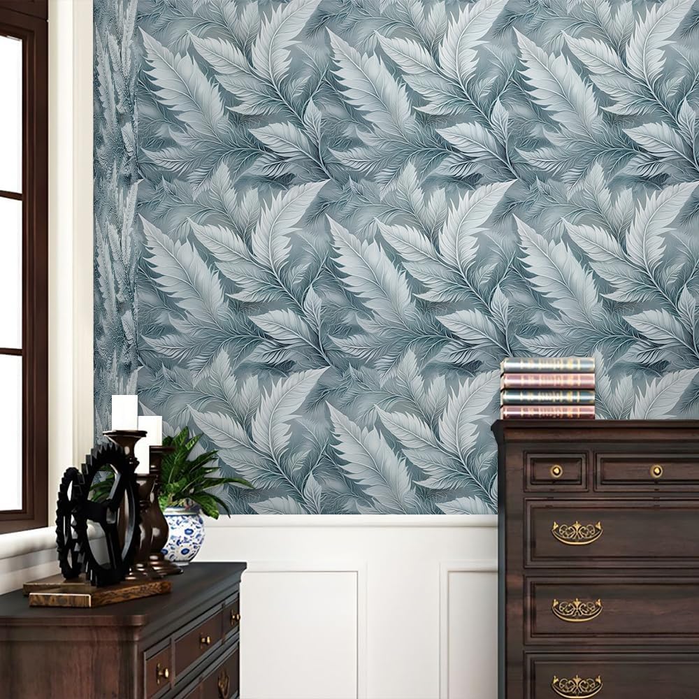 REDAMANCY Modern Light Blue White Leaf Peel and Stick Wallpaper Stick on Contact Paper Vintage wall Paper Easy Peel Off for nightstand Drawer Cabinet Renter