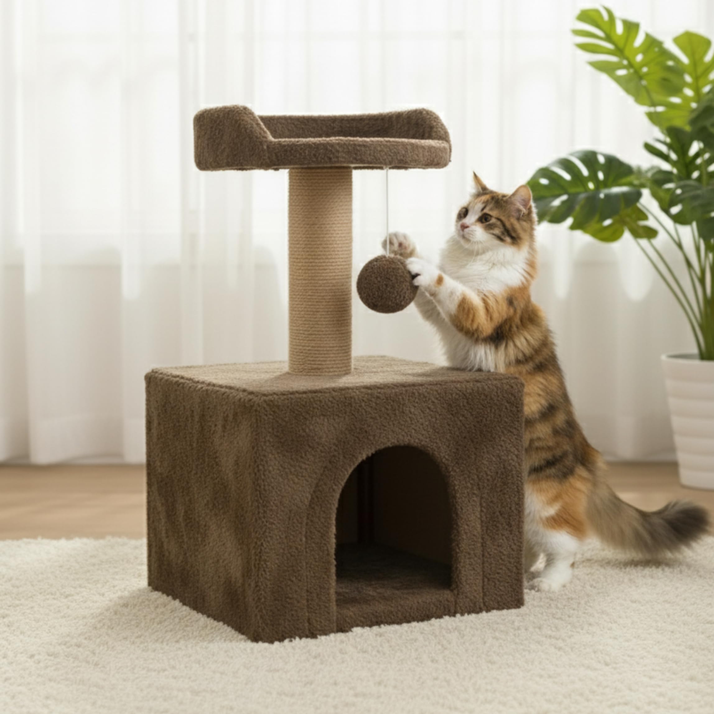 Furrlovers Soft Fur Condo Activity Cat Tree - Sisal/Jute Rope | Scratching Post | Hanging Ball | Suitable for Cats, (Brown - FURR-23) 2