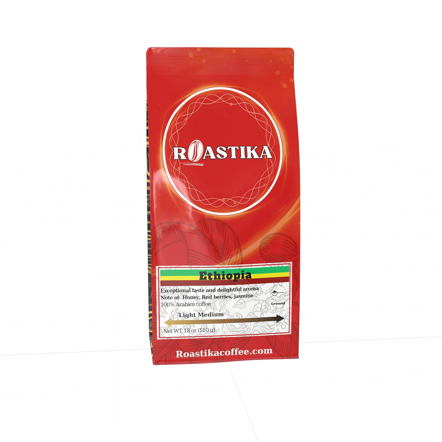 Roastika - Freshly Roasted- Ground Coffee - 18 Oz (Ethiopia Yirgacheffe) Light Medium Roast, Premium Quality, Note of: red fruit, jasmine