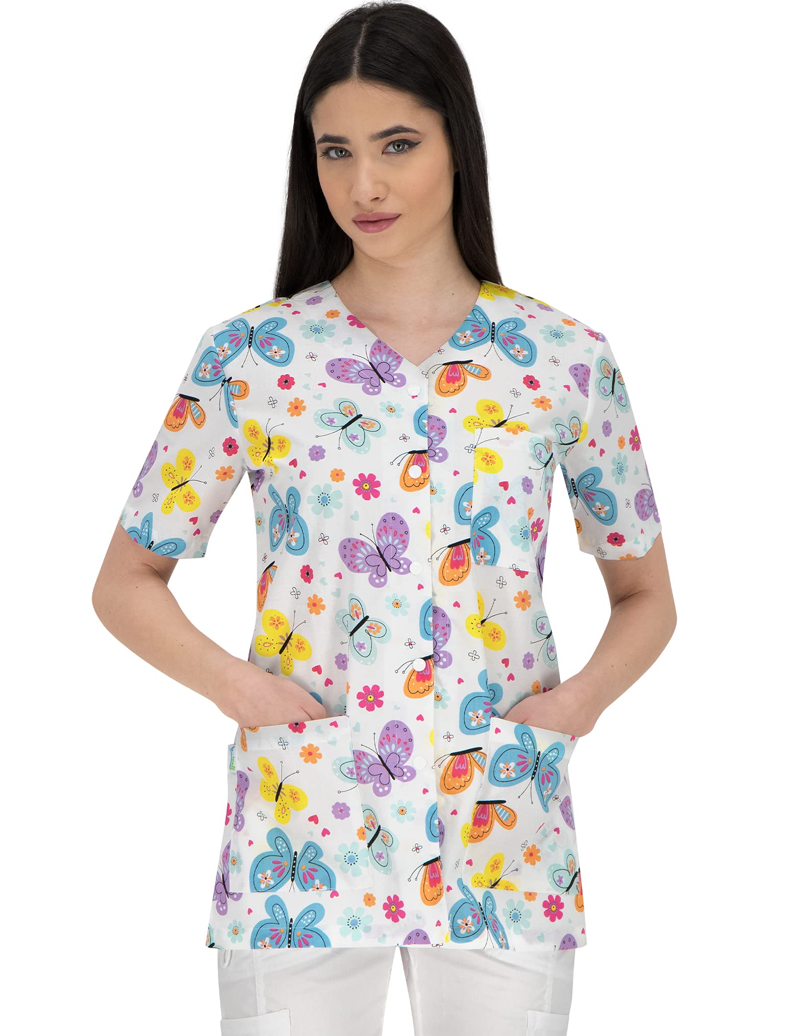 B-well Carina Casacas Sanitarias Mujer Manga Corta con Botones a presión y Cuello en Y para Mujeres — view 2
