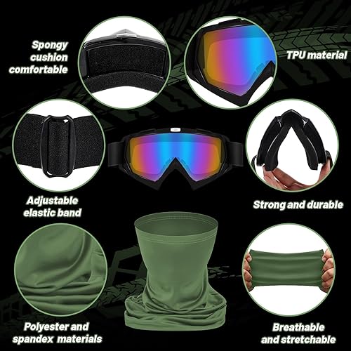 Vista 24 de Tallew 4 gafas de motocross para hombres y mujeres, resistentes al viento, ajustables, ATV y 4 máscaras faciales transpirables para el cuello Varios