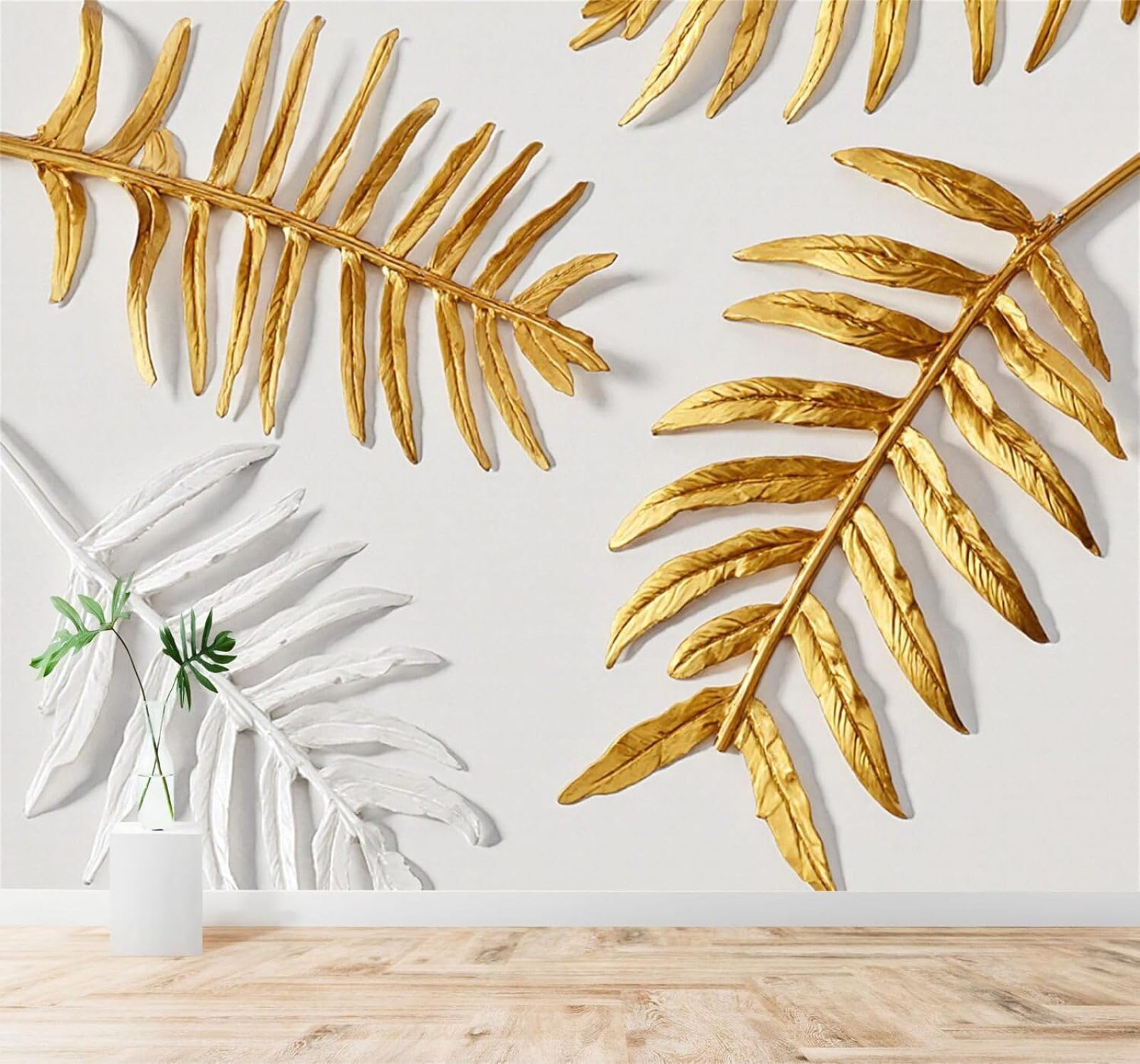 XLMING Minimalist Gold and White Tropical Plants Palm Leaves Art 3D Wallpaper Silky Texture Home Study Office Grey Dining Room Sofa Bedroom Living Room TV Backdrop-300cm×210cm