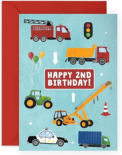 CENTRAL 23 Tarjeta colorida de segundo cumpleaños para niños, feliz segundo cumpleaños, 2 años, 2 años, tarjeta de felicitación de camión y