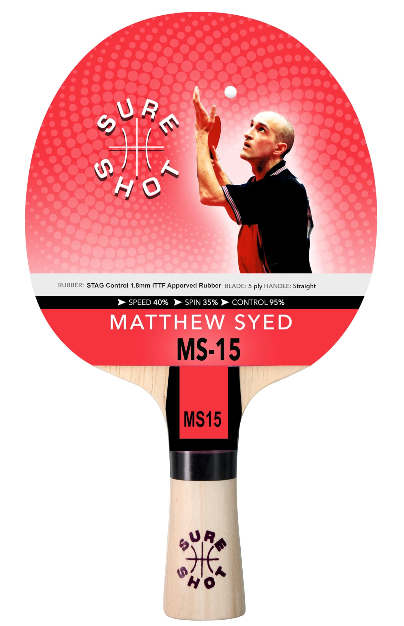 Sure Shot Matthew Syed MS-15 Table Tennis & Ping Pong Bat – ITTF Approved STAG Control 1.8mm Rubber, 5-Ply Blade, Straight Handle – High Control for Beginners & Intermediate Players