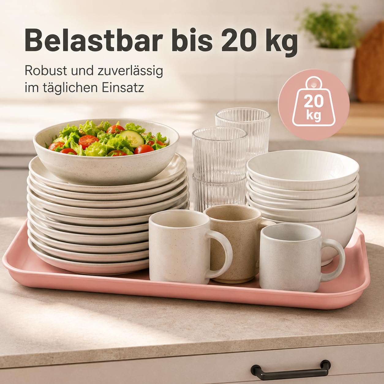 Lot de 24 plateaux de service jusqu'à 20 kg - Résistants aux températures - Passe au micro-ondes - Bord surélevé - Rectangulaire - Passe au lave-vaisselle - Pour cuisine, cantine, café (rose)