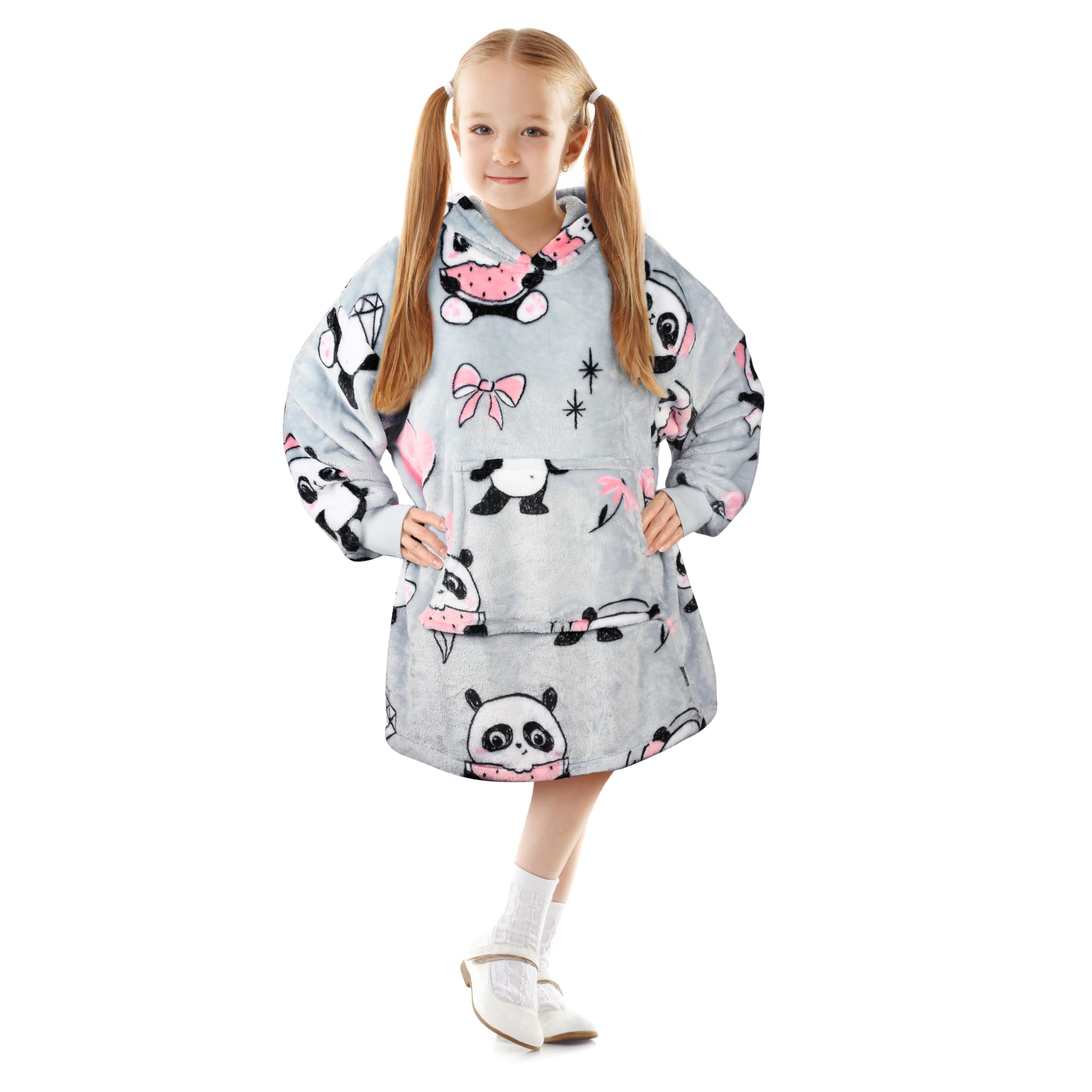 Catalonia Classy Girls Grey Panda Kids Hoodie Blanket, Oversized Snuggle Hoodie Kids, Boys Snuggle Wearable Blanket, Sherpa Fluffy Giant Hooded Sweatshirt For Teens,
