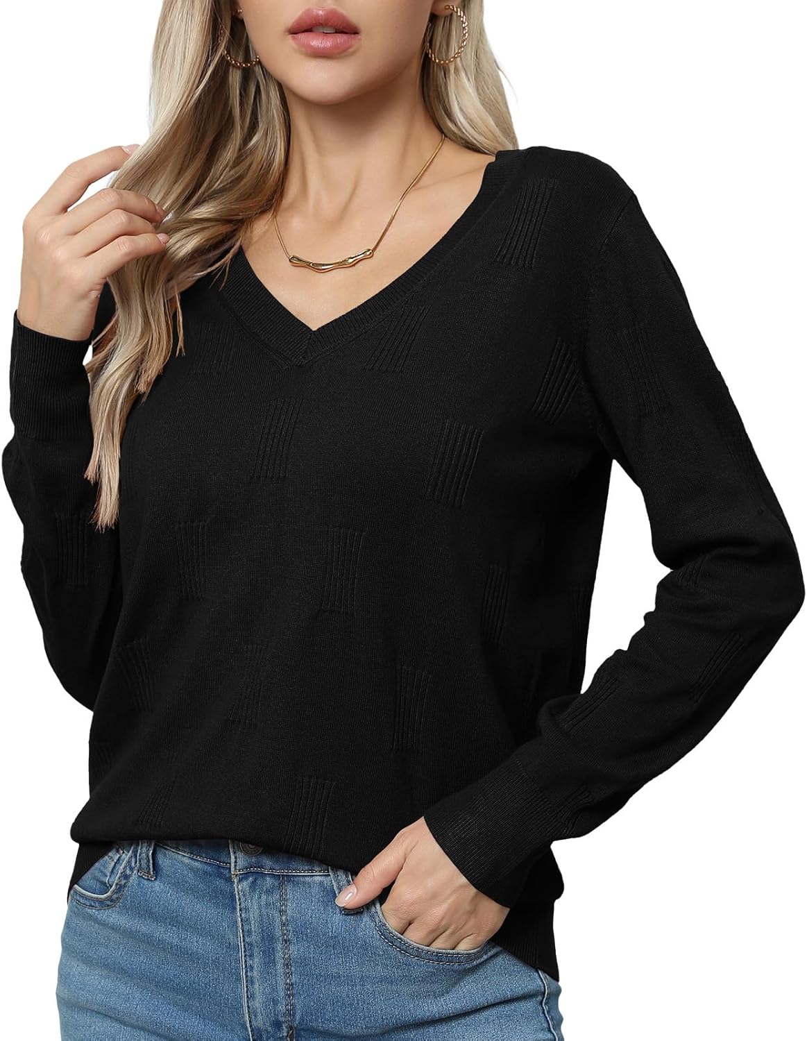 Women’s Fall Long Sleeve Sweater Tops V Neck Pullover Tops Lightweight Knit Sweater