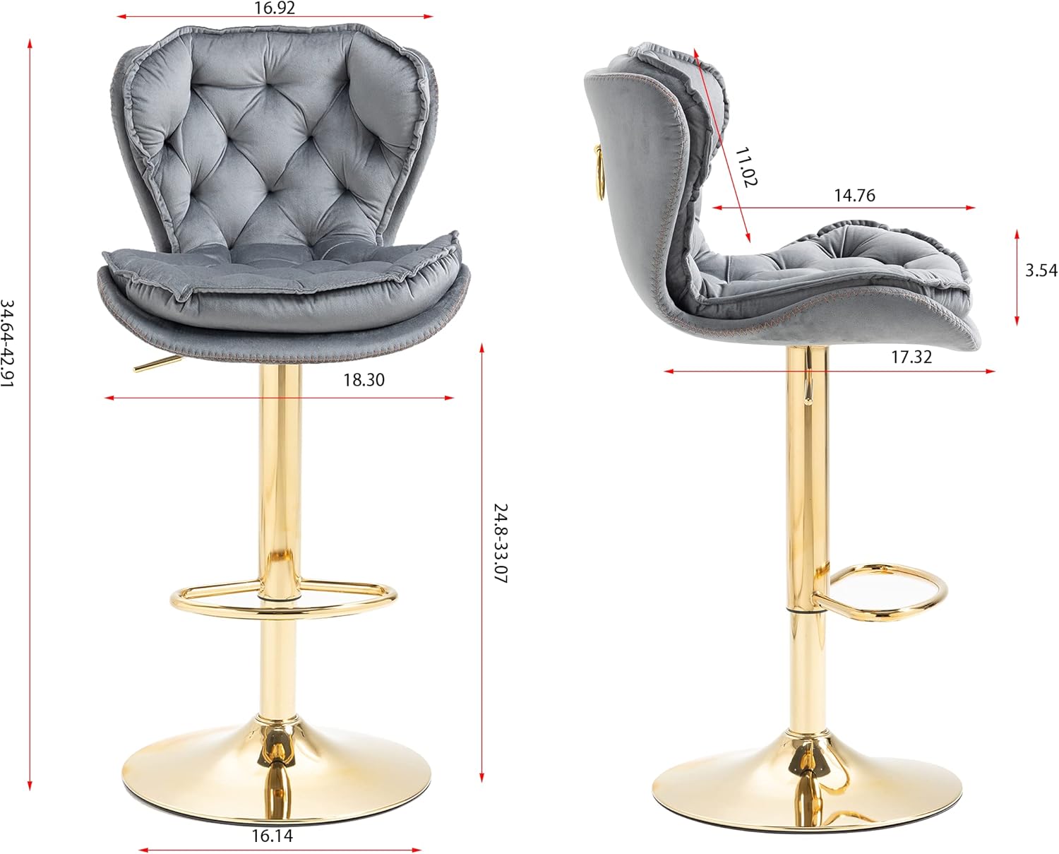 Modern Swivel Bar Stool Set of 2, Counter Height Barstool with Back, Velvet Adjustable Height Bar Stool with Chrome Footrest and Base for Kitchen Island, Pub, Bar (Grey)
